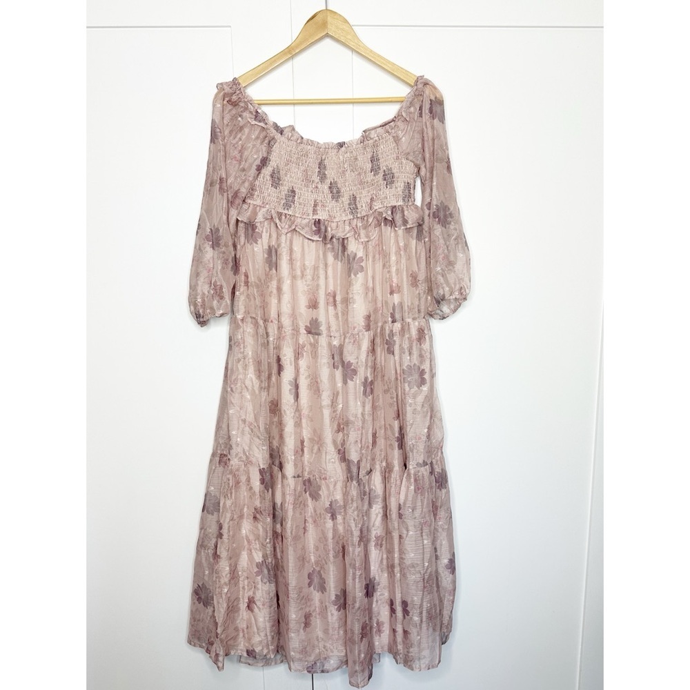 Storia Light Pink Floral Off Shoulder Long Sleeve Tiered Maxi Dress Medium girly - Picture 8 of 14